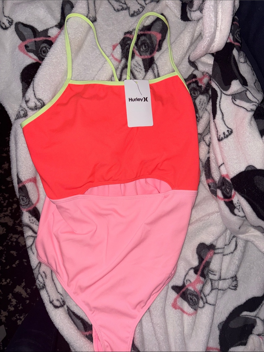 Hurley Girls Neon Coral and Light Pink Colorblock One-Piece Swimsuit